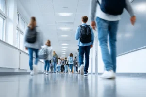 alunos andando no corredor da escola