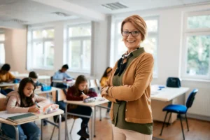 professora sorrindo em frente a turma